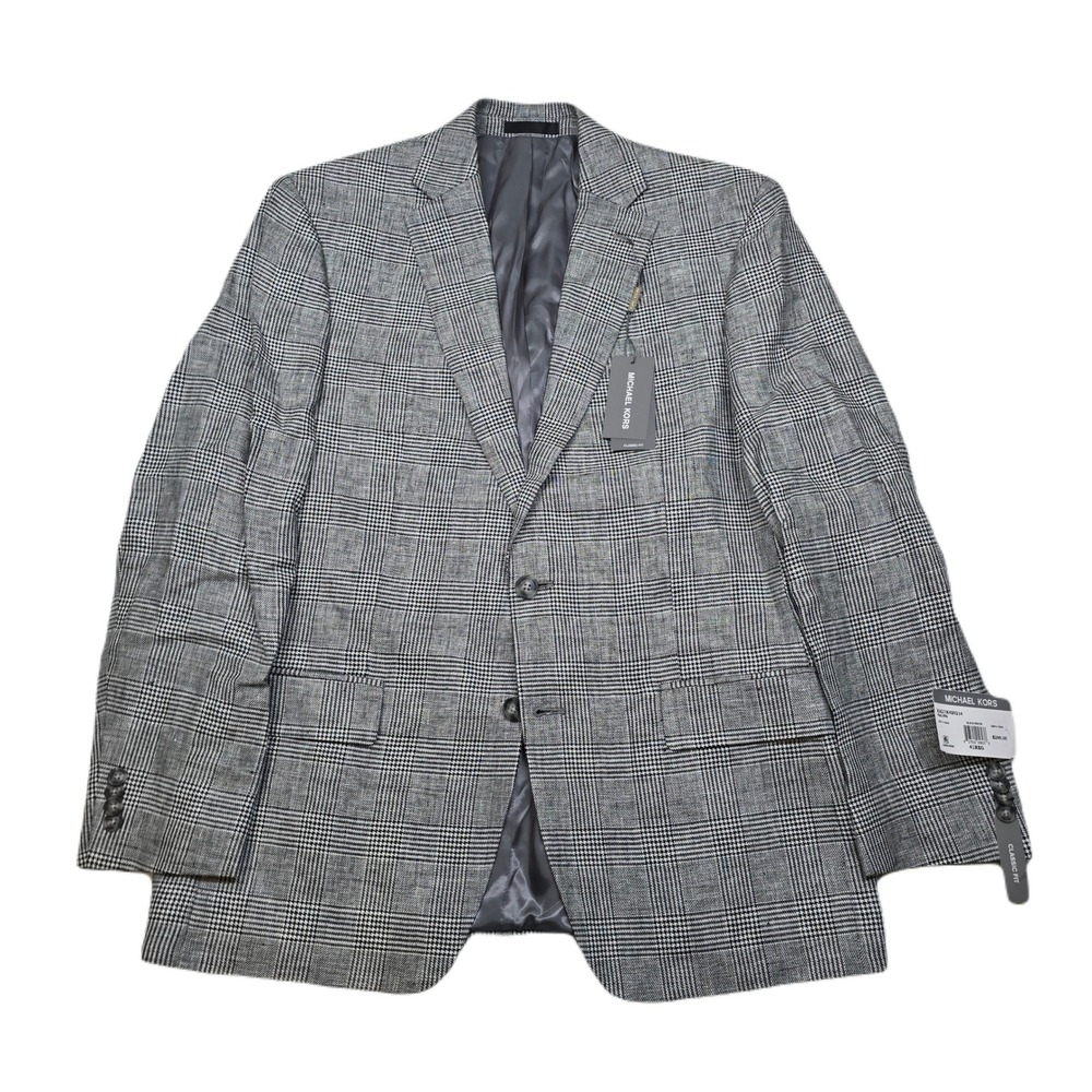 Michael‎ Kors Linen Sport Coat Mens 41R Large Black White Plaid Classic Fit NEW